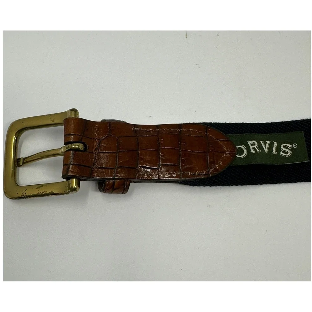 Orvis Mens Belt 42 Navy Blue Canvas Brown Croc Embossed Leather Brass USA Made